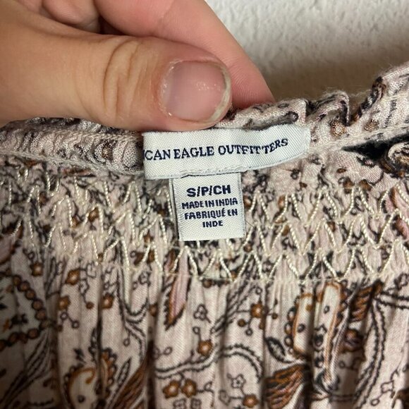 American Eagle Size S Off Shoulder Flared Sleeve Boho Top Neutral Brown Hippie - Picture 3 of 7